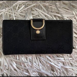 Authentic Gucci Black GG Canvas Wallet with Gold D-Ring